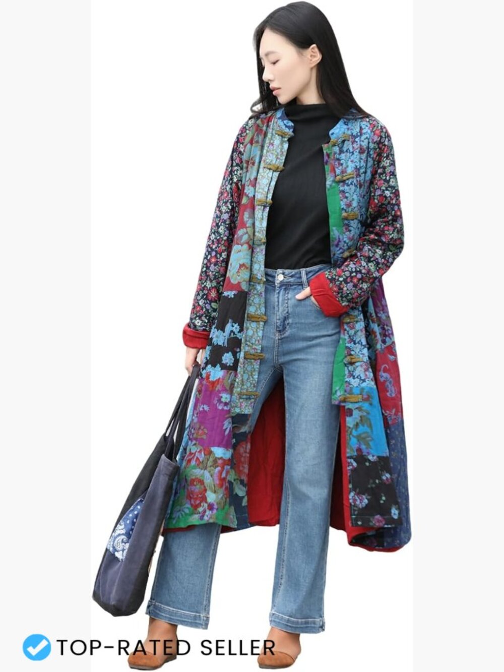 Women's Patchwork Linen Long Jacket Oversized Boho Cottagecore Spring Fall